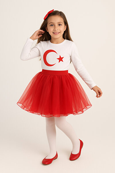 Nacar Kız Çocuk Türk Bayrağı Baskılı Uzun kol T-shirt&Tütü Etek 2li kombin 29 Ekim Gösteri Kıyafeti