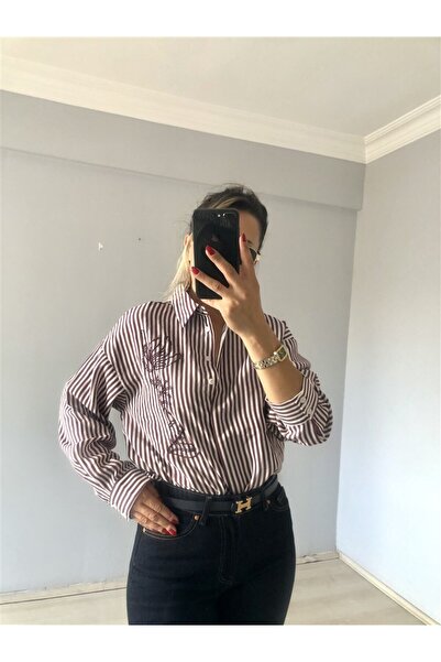 Gözde Tasarım Butik Women's Burgundy White Striped Beaded Premium Modal Shirt