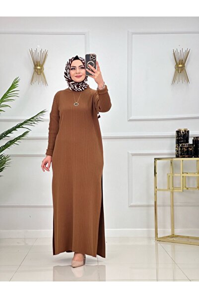Valens Butik Full-Length Tunic with Side Slits and Trouser Two-Piece Knitwear Hijab Set