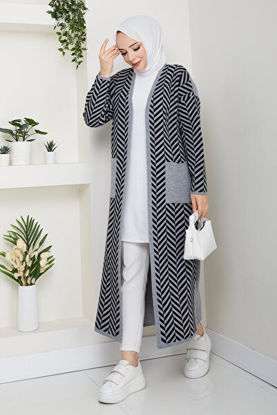 Pamuk Butik Γυναικεία πλεκτή ζακέτα με σχέδιο ζέβρα με τσέπες από ατσάλινο πλέγμα ανθρακί