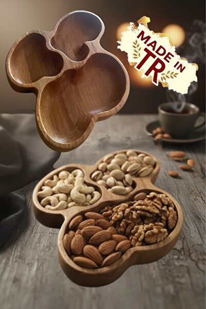 Ayd ahşap Natural Wood 3-Compartment Snack Serving Tray – Breakfast and Snack Plate