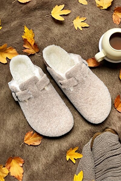 LAND OF CORK LC Anatomik Unisex Doğal Mantar Taban Gerçek Kürklü Keçe Terlik