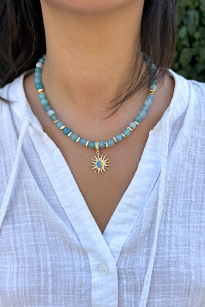 Suerte Accessories Handmade Steel Sun Symbol Tipped Aquamarine Natural Stone Special Design Women's Natural Stone Necklace