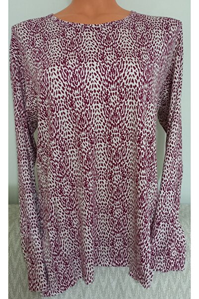 Anne Er Clothing Combed Cotton Blouse Long Sleeve Crew Neck Burgundy Patterned