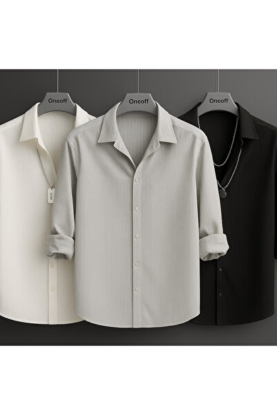 oneoff Cămașă pentru bărbați, iarnă, negru, gri, alb, material reiat cu textu...