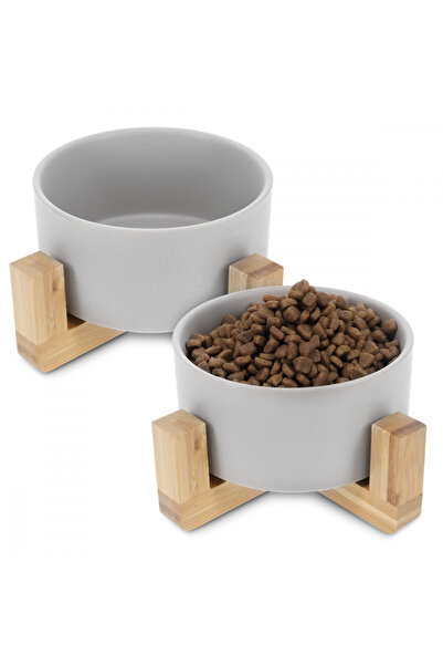 Navaris Set of 2 Cat and Dog Bowls with Bamboo Stand, 550 ml, Gray, 48350.1.22
