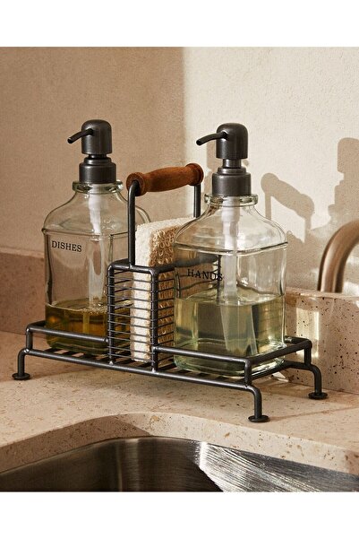 Vera Bambu Modern Cam İkili Sıvı Sabunluk & Deterjanlık Seti– Metal Standlı(S...