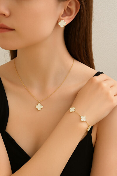 monalisatoka Kadın Gold Ekru Yonca Kolye Bileklik Küpe Seti 3’Lü Takım