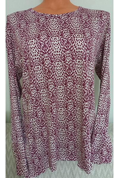 Anne Er Clothing Combed Cotton Blouse Long Sleeve Crew Neck Burgundy Patterned