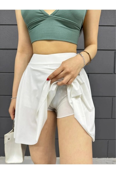VAJESTO Women's White Flared Model Skirt with Flounces, Soft Texture, Flexible Elastic Waistband, Sandy Fabric Inside, Shorts Skirt