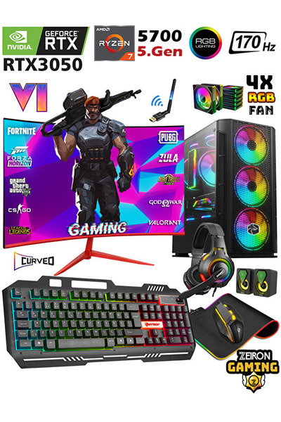 Zeiron Guardian X50 Ryzen 7 5700 32GB 1TB M.2 SSD RTX3050 24" 170Hz Hazır Sistem Oyuncu Masaüstü Bilgisayar