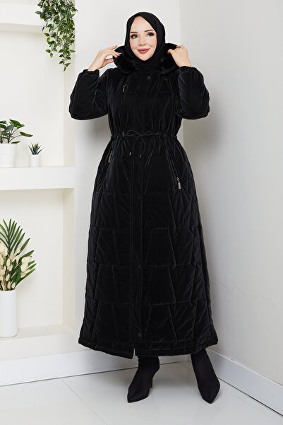 Pamuk Butik Kadın Beli Tünel Geçişli Astarlı Kapüşonlu Tam Boy Mont