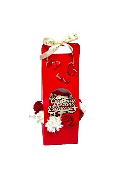 velve Aranjament floral Butterfly,trandafiri,garoafe din sapun,topper "Cea mai buna profesoara "Rosu
