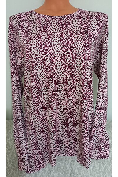 Anne Er Clothing Combed Cotton Blouse Long Sleeve Crew Neck Burgundy Patterned