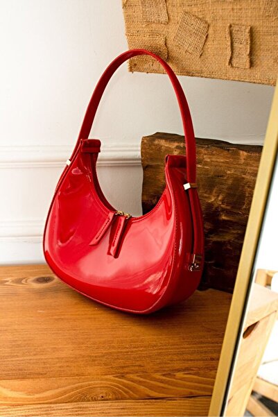 Rivina Rivi Model Patent Leather Large Size Women's Baguette Bag Red