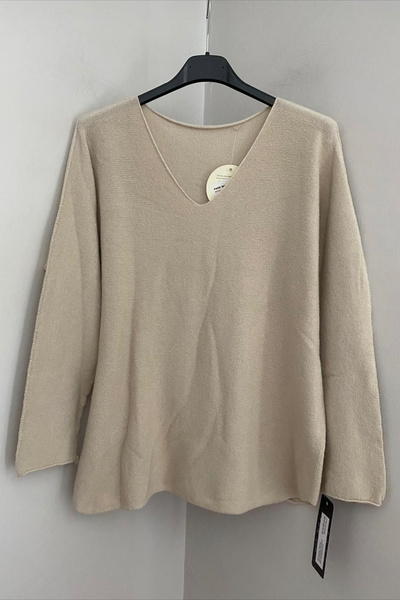 AYASOFYA OTANTIK Women's Beige Plain Pattern V-Neck Long Sleeve Angora Knitwear Blouse Sweater