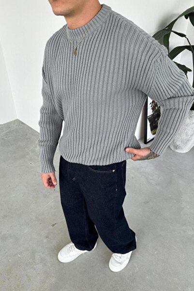 HAFKAGİYİM Gray Crew Neck Ribbed Oversize Knit Sweater