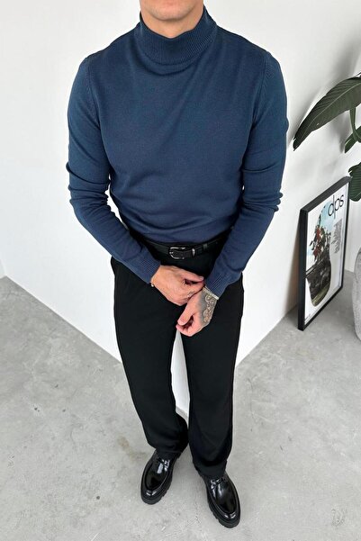 HAFKA Navy Blue Basic High Neck Relaxed Knit Sweater