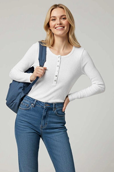 TH COLLECTİON Snap Detailed Blouse White T4343 - m