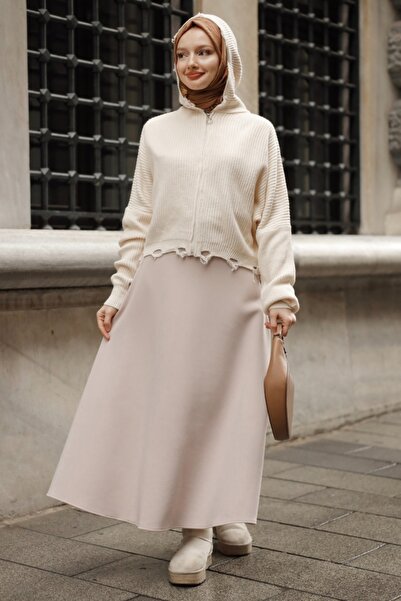 Kombinazon Vals Hooded Vintage Detailed Cream Cardigan