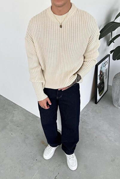 HAFKAGİYİM Πλεκτό πουλόβερ με λαιμόκοψη και ριμπέλ σε χρώμα κρέμα