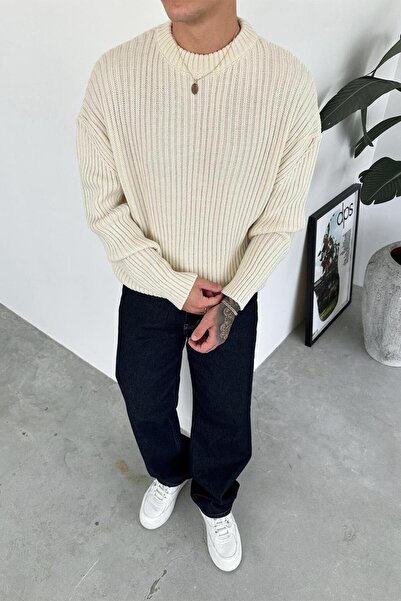 HAFKAGİYİM Πλεκτό πουλόβερ με λαιμόκοψη και ριμπέλ σε χρώμα κρέμα