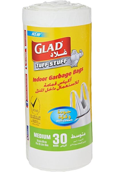 Glad أكياس قمامة تاف ستاف متوسطة الحجم بمقبض أبيض، مقاس 55 سم × 60 سم، 30 قطعة