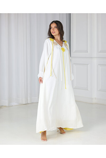 Elegant White and yellow balloon jalabiya, linen fabric White and yellow balloon jalabiya, linen fabric