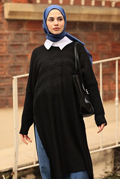 Kombinazon Μακρύ μαύρο τουνίκ με πλεκτό σχέδιο Verna