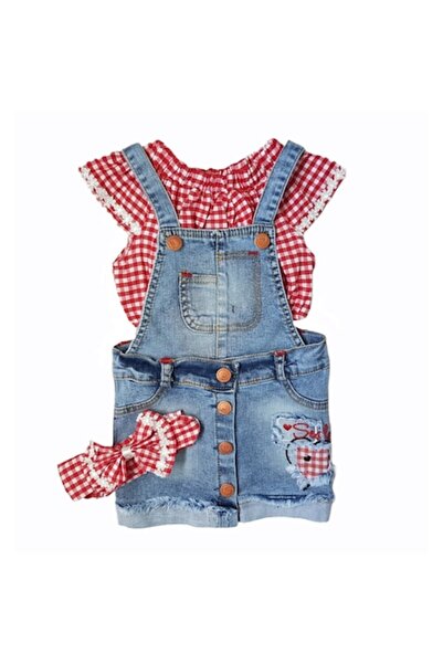 ACAR Compleu 3 piese cu sarafan denim si top, varsta 2 ani, 92 cm, Rosu/Alb