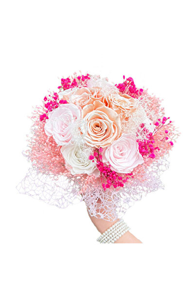 velve Buchet Mireasa Anastasia din trandafiri naturali criogenati, alb, roz, fucsia