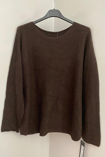 AYASOFYA OTANTIK Γυναικείο πουλόβερ με μακρύ μανίκι με λαιμόκοψη σε καφέ χρώμα με απλό σχέδιο