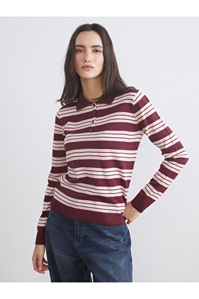 LC Waikiki Lcw Vision Burgundy Polo Neck Striped Women's Knitwear Sweater