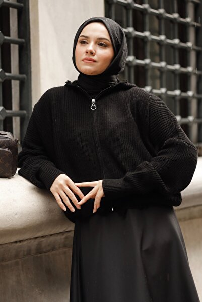 Kombinazon Vals Hooded Black Cardigan with Vintage Detail