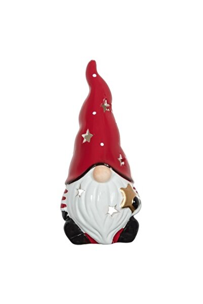 SHOPIENS Felinar de Crăciun din ceramică, figurină gnom, stea aurie, roșu, 8x...