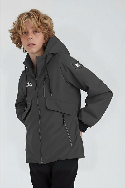SİVAİST Boys' Gray Outdoor Water-Repellent Hooded Coat – Windproof, Lightweight, and Durable