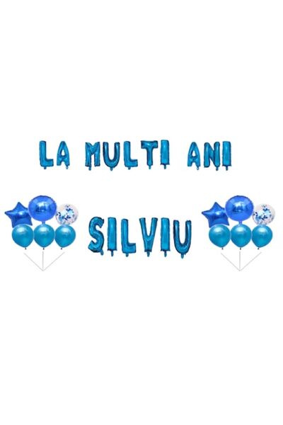OEM Комплект балони "Честит рожден ден, Силвиу", Топер за торта, син, 35 броя