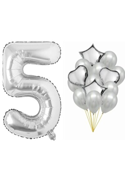 OEM Set of 15 silver balloons, 5th anniversary, number 101 cm, stars 45 cm, hearts 45 cm, latex 26 cm