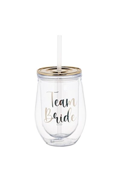 OEM Pahar transparent din plastic cu perete dublu și pai, Team Bride, 350 ml