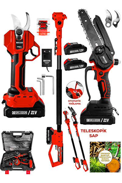 Graizer K 21 Vf Platinum 2 Akülü Kömürsüz Şarjlı Ağaç Dal Kesme Budama Makası Testere 2.5 Metre Teleskop