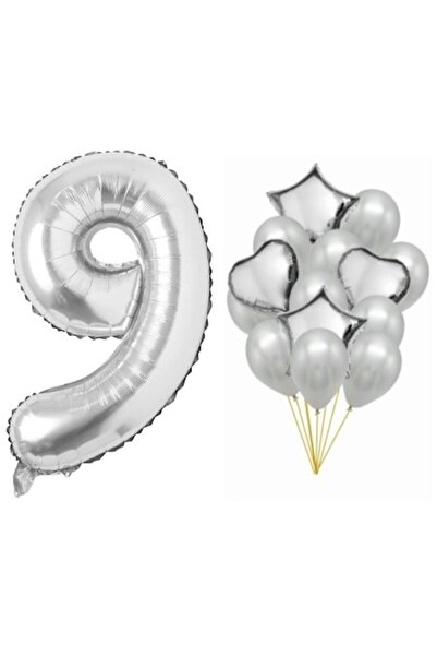OEM Set 15 baloane argintii, aniversare 9 ani, număr 100 cm, steluțe 45 cm, i...
