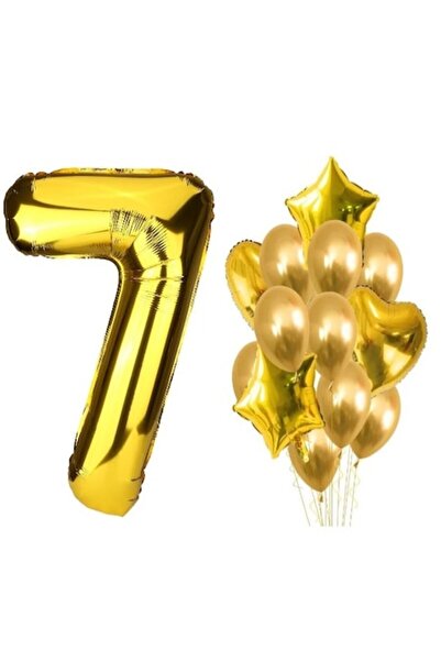 OEM Set 15 baloane aurii, aniversare 7 ani, număr 101 cm, steluțe 45 cm, inim...