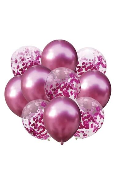 PartyPal Σετ 10 μπαλόνια 30 cm σκούρο ροζ χρώμιο και κομφετί