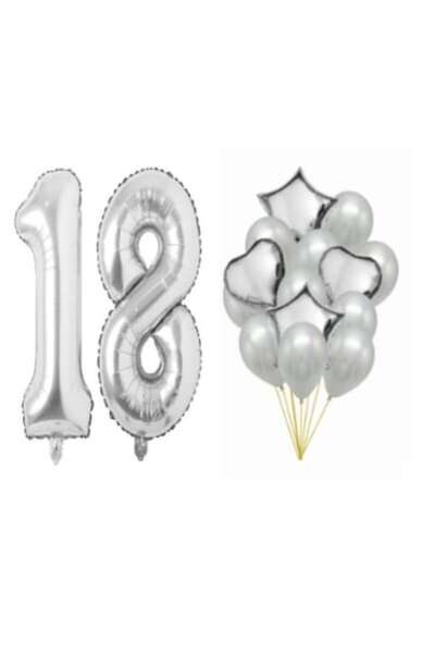 OEM Set de 16 baloane argintii, aniversare 18 ani, număr 100 cm, steluțe 45 c...
