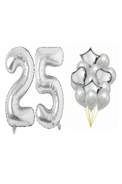 OEM Set 16 baloane argintii, aniversare 25 de ani, număr 98 cm, steluțe 45 cm...