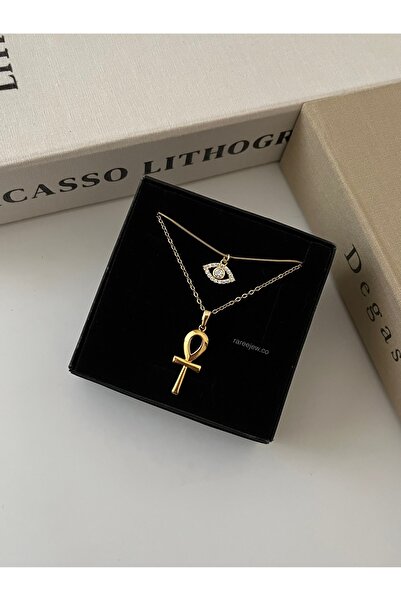 Raree Jewellery 2li çelik zincirli zirkon taşlı göz ve ankh kolye