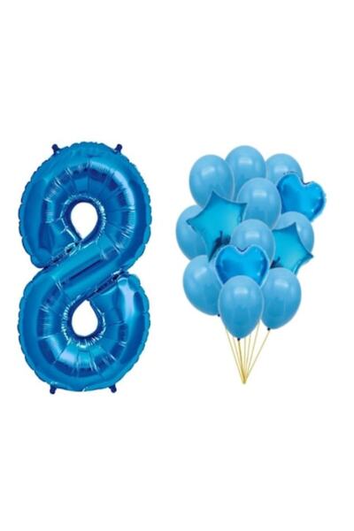 OEM Set de 15 baloane albastre, aniversare (8 ani), număr 101 cm, steluțe 45 ...