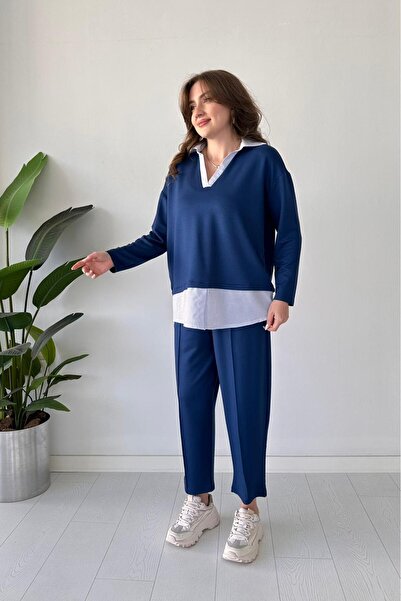 MaziButik Comfortable Suit with Collar Garnish Navy Blue