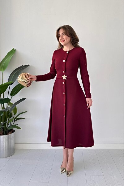 MaziButik Star Buckled Long Sleeve Dress Burgundy