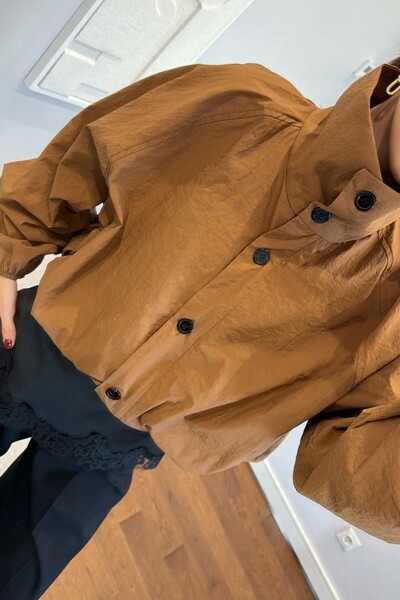 Suziş Women's Oversize Stand-Up Collar Short Trench Coat Standard Size Key36721